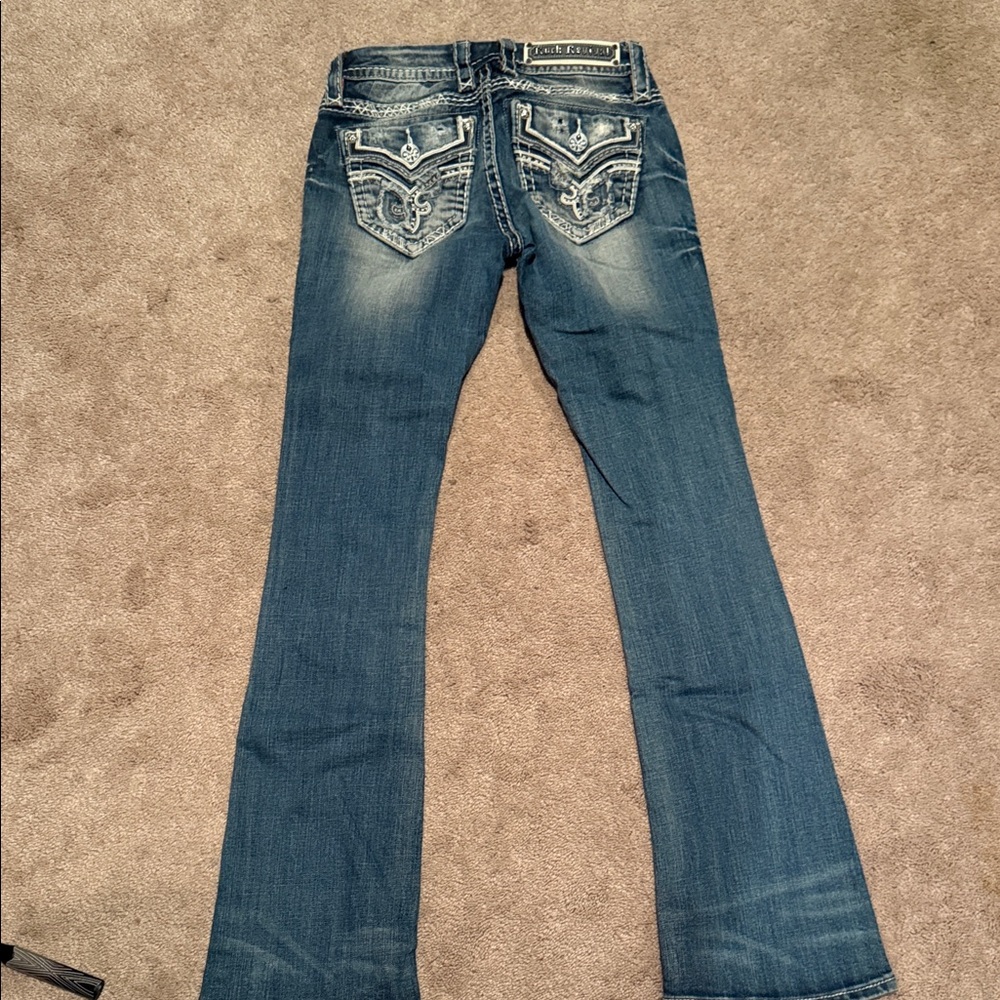 Rock Revival Boot Cut Jeans in Blue with White Stitching